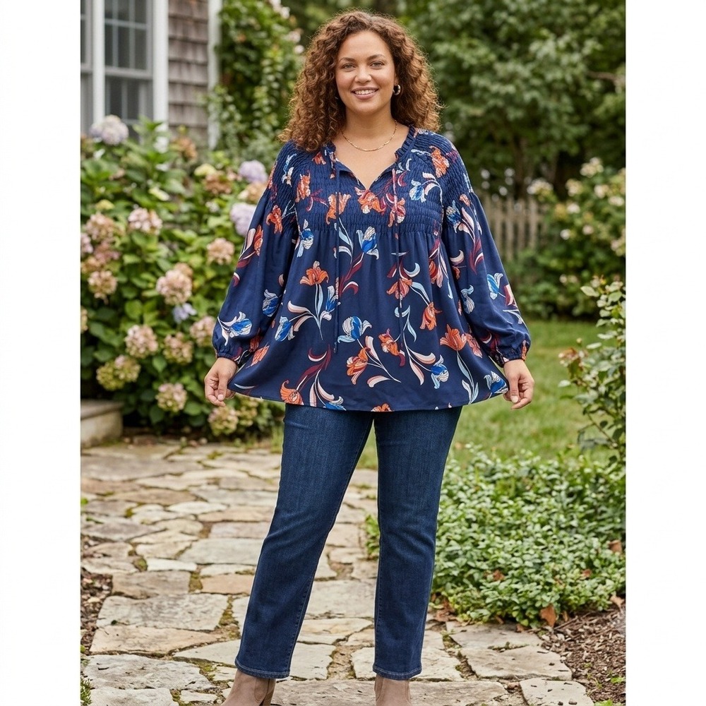 ana A New Approach Camron Floral Smocked Peasant Blouse‎ Navy Blue XL NWT